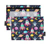 RPLIFE Custodia per raccoglitori a tre fori con finestra trasparente, confezione da 2 sacchetti con cerniera per matite per ragazzi e bambini, materiale scolastico, 24 cm x 17 cm, razzi colorati