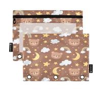 RPLIFE Cute Bear Faces Brown Confezione da 2 astuccio con cerniera a 3 fori per la scuola dei bambini, tasca trasparente per ragazzi e ragazze, 24,9 × 17,8 cm