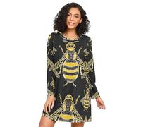 RPLIFE Cute Bee - Camicia da notte da donna, a maniche lunghe, con scollo rotondo, camicia da notte da donna allentata, Cute Bee Nero, M