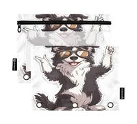 RPLIFE Cute Border Collie Confezione da 2 sacchetti trasparenti a 3 fori per la scuola dei bambini, custodia trasparente con cerniera frontale per ragazzi e ragazze, 24,9 × 17,8 cm