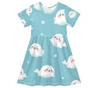 RPLIFE Cute Cartoon Seals Blue Toddler Girls Abito a maniche corte leggero una linea estiva prendisole, 2T, Carino Cartoon Sigilli Blu, 5-6 Anni