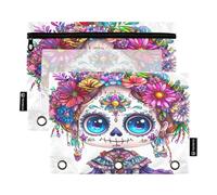 RPLIFE Cute Female Sugar Skull 2 Pack 3 Ring Zippered Pouch per la scuola dei bambini, sacchetto con cerniera frontale trasparente per ragazzi ragazze, 9.8 ″ × 7″
