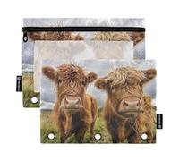 RPLIFE Cute Highland Cows, confezione da 2 sacchetti a tre fori per la scuola dei bambini, custodia con cerniera frontale trasparente per ragazzi e ragazze, 24,9 × 17,8 cm