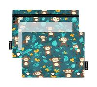 RPLIFE Cute Monkey - Confezione da 2 sacchetti per raccoglitori a tre fori per la scuola dei bambini, con cerniera frontale trasparente per ragazzi e ragazze, 24 cm x 17,8 cm (taglia unica x 2)