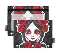 RPLIFE Day Of Dead Dark Confezione da 2 sacchetti con cerniera grande a 3 fori per la scuola dei bambini, astuccio in PVC trasparente per ragazzi e ragazze, 9,8 "× 7"