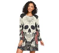 RPLIFE Day Of Dead Sugar Skull - Camicia da notte da donna, a maniche lunghe, morbida biancheria da notte per l'autunno, Teschio di zucchero del giorno dei morti, M