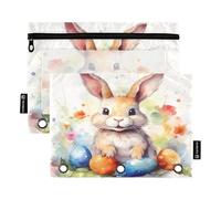 RPLIFE Easter Bunny Eggs Acquerello Confezione da 2 astuccio con cerniera a 3 fori per la scuola dei bambini, 3 anelli trasparenti con cerniera per ragazzi e ragazze, 24,9 × 17,8 cm