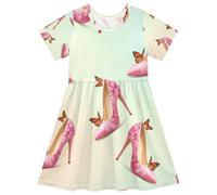 RPLIFE Elegante abito rosa con farfalle per ragazze a maniche corte una linea prendisole in maglia UPF50+, 2T, Elegante Farfalle Rosa, 5-6 Anni