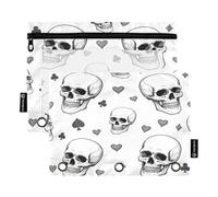 RPLIFE Funny Skulls Hearts Black White Confezione da 2 sacchetti con cerniera a 3 fori per la scuola dei bambini, tasca trasparente per ragazzi e ragazze, 24 cm × 17,8 cm (taglia unica x 2)