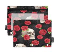 RPLIFE Funny Skulls Red Roses Black 3 anelli Pouch con finestra trasparente, confezione da 2 astuccio trasparente per ragazze forniture scolastiche per bambini, 24,9 × 17,8 cm (taglia unica x 2)