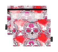RPLIFE Funny Sugar Skull Floral 2 Pack 3 Hole Punch Pencil Holder per la scuola dei bambini, astuccio frontale trasparente con cerniera per ragazzi e ragazze, 9,8 "× 7"