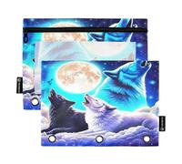 RPLIFE Galaxy Cool Wolf Blu Viola Confezione da 2 sacchetti per perforazione a 3 fori per la scuola dei bambini, custodia trasparente con cerniera per ragazzi e ragazze, 24,9 cm × 17,8 cm (taglia