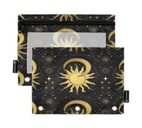 RPLIFE Golden Sun Moon Black Confezione da 2 custodie con cerniera a 3 fori per la scuola dei bambini, astuccio trasparente frontale per ragazzi e ragazze, 24,9 × 17,8 cm