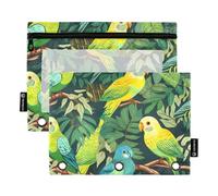 RPLIFE Grande sacchetto con cerniera con finestra trasparente, confezione da 2 astucci in tessuto per ragazze e bambini, materiale scolastico, 24 cm × 17 cm, foglie verdi gialle pappagalli