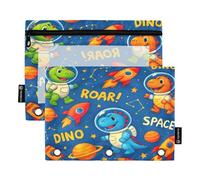 RPLIFE Grande tasca per raccoglitori con finestra trasparente, confezione da 2 sacchetti con cerniera per ragazze e bambini, materiale scolastico, 9,8 "× 7", simpatici dinosauri blu spazio