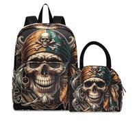RPLIFE Jolly Roger - Zaino per il pranzo, motivo: teschi pirata Jolly Roger, per ragazze e ragazze, con portapranzo, zaino da viaggio per bambini grandi e giovani