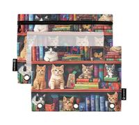 RPLIFE Libreria colorata con gatti, confezione da 2 sacchetti con cerniera grande a 3 fori per la scuola dei bambini, astuccio con frontale trasparente per ragazzi e ragazze, 24,9 x 17,8 cm