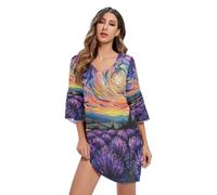 RPLIFE Lupo colorato chiffon scollo a V abito fluido abito swing partito vestito, Campi di lavanda, L
