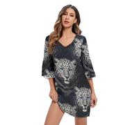 RPLIFE Nero Bianco Leopard Occhi Blu Abito corto Chiffon Stampato Estate Abiti Donna, Nero Bianco Leopardo Occhi Blu, S