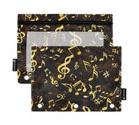 RPLIFE Note musicali Nero Oro 2 Pack 3 Anelli Matita Sacchetto per Bambini Scuola, Trasparente Poly Zipper Pouch per Ragazzi Ragazze, 9.8 ″ × 7″