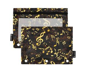 RPLIFE Note musicali Nero Oro 2 Pack 3 Anelli Matita Sacchetto per Bambini Scuola, Trasparente Poly Zipper Pouch per Ragazzi Ragazze, 9.8 ″ × 7″