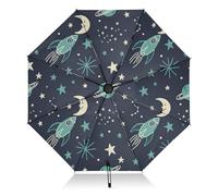 RPLIFE Ombrelli per pioggia, ombrelli pieghevoli per pioggia, antivento, ideali per auto, borse, uomini e donne, cartoni animati razzi lune, foglia di tè