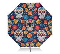 RPLIFE Ombrelli per pioggia, ombrelli pieghevoli per pioggia, antivento, ideali per auto, borse, uomini e donne, teschio colorato floreale blu