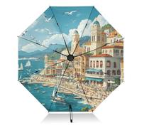 RPLIFE Ombrelli per pioggia, ombrello piccolo compatto antivento, ideale per auto, borsa, uomo e donna, vivace città costiera mediterranea