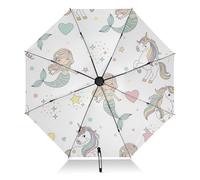 RPLIFE Ombrello da viaggio antivento, apertura automatica, ombrello per pioggia compatto, borsa portatile, ideale per donne, graziose sirene e unicorni, bianco