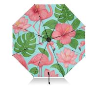 RPLIFE Ombrello da viaggio antivento compatto da viaggio, ombrelli per zaini/borse, pioggia, vento e sole, fenicotteri rosa petali tropicali verde