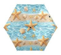 RPLIFE Ombrello da viaggio antivento, leggero e portatile, protezione dai raggi UV, dimensioni da viaggio, per donne, ombrelli da viaggio per sole, stelle marine e conchiglie blu