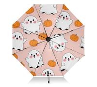 RPLIFE Ombrello da viaggio, leggero e resistente, ombrello automatico da donna, ombrello da viaggio per pioggia, vento e sole, simpatici fantasmi bianchi dei cartoni animati rosa