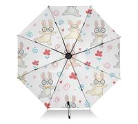 RPLIFE Ombrello per pioggia, leggero e portatile, automatico, ombrello da donna, ombrello da viaggio per pioggia, vento e sole, grazioso coniglio cartone animato bianco