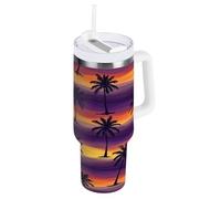RPLIFE Palm Trees Tropical Sunset - Bicchiere con manico, in acciaio inox, con cannuccia, bicchiere da caffè