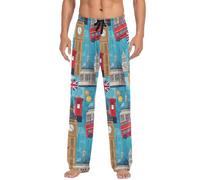 RPLIFE Pantaloni pigiama da uomo, stile retrò Londra, blu, con tasche, comodi pantaloni da pigiama da uomo S-XXL, Retro London Luoghi di interesse, XX-Large