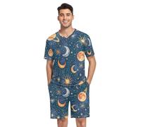 RPLIFE Pigiama corto da uomo, con scollo a V, 2 pezzi, biancheria da notte con tasche, estiva, S-XXL, Stelle Lune Pianeti Blu, S