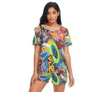 RPLIFE Pigiama corto variopinto della donna dei graffiti, pigiama delle donne di corrispondenza, Graffiti colorati, L