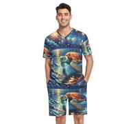 RPLIFE Pigiama da uomo a maniche corte con scollo a V, 2 pezzi, biancheria da notte con tasche, estiva, S-XXL, Tartaruga di mare sotto la notte, L