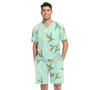 RPLIFE Pigiama da uomo a maniche corte con scollo a V, 2 pezzi, biancheria da notte con tasche, estiva, S-XXL, Fiori Tulipano Giallo Crema Verde, XXL