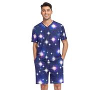 RPLIFE Pigiama da uomo a maniche corte con scollo a V, 2 pezzi, motivo stelle, blu navy, con tasche, estivo, Stelle Blu Navy, XL