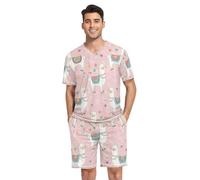 RPLIFE Pigiama estivo da uomo, a maniche corte, scollo a V, 2 pezzi, con tasche, taglie S-XXL, Bizzarro Llama Bianco Floreale, L