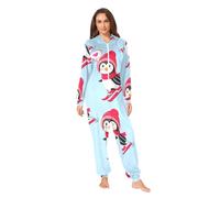 RPLIFE Pigiama intero con pinguini carini che sciano per adulti, morbida tuta con cappuccio per uomo donna inverno Natale Loungewear, Cute Penguins Sci, L