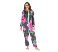 RPLIFE Pigiama intero da uomo con foglie verdi viola rosa e foglie verdi, tuta intera con cappuccio, pigiama natalizio per adulti, Fiori Rosa Viola Foglie Verdi, Large