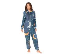 RPLIFE Pigiama intero per adulti, con stelle, lune, pianeti, blu, in morbido pile, per uomo e donna, Colorato Stelle Lune Pianeti Blu, Medium