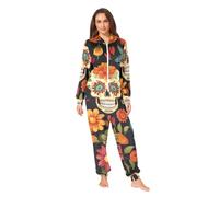 RPLIFE Pigiama intero per adulti, in morbido peluche, con cappuccio e cerniera, per uomo e donna, Giorno dei morti, L