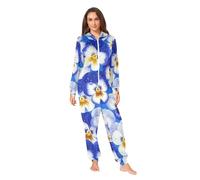 RPLIFE Pigiama natalizio blu bianco con fiori del pensiero di un pezzo, caldo pigiama intero per donne adulte, Fiori Blu Bianco Viola Del Pensiero, Large