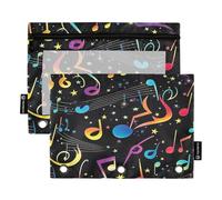 RPLIFE Pochette a tre fori con motivo note musicali colorate e stelle nere con finestra trasparente, confezione da 2 astucci per matite per ragazze e bambini, articoli scolastici, 24 x 17,8 cm (taglia