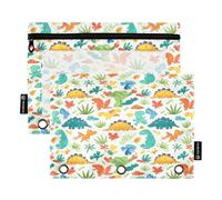 RPLIFE Raccoglitore con cerniera con finestra trasparente, confezione da 2 astucci per matite per bambini, materiale scolastico per bambini, 9,8 "× 7", dinosauri colorati dei cartoni animati e piante