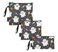 RPLIFE Sacchetti riutilizzabili per snack e sandwich con simpatici mostri di Halloween grigi, lavabili con cerniera per studenti (set di 3: S/M/L)