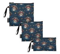 RPLIFE Sacchetti riutilizzabili per snack e sandwich con teschi pirati color foglia di tè, in tessuto lavabile, con cerniera, per bambini e adulti (set da 3: S/M/L)